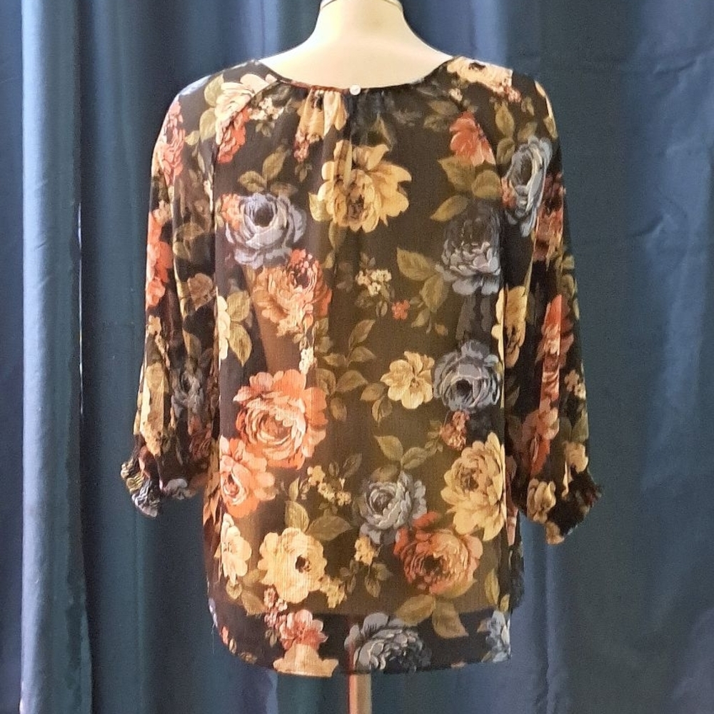 Reitmans Black Floral Blouse with Blue and Yellow Accents - Picture 3 of 4